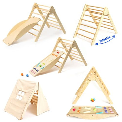 GROWGO Pikler Triangle Climber with Ramp - Toddler Climbing Toys Indoor Montessori Climbing Toy Set Pickle Triangle Montessori, Baby Climbing Toys Indoor, Pickler Set Wooden Play Gym, Kids Climbers