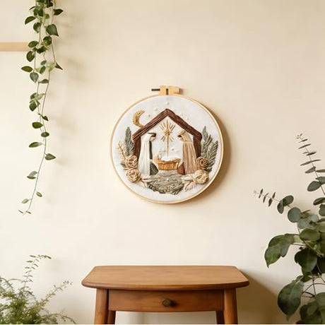 Myfelicity Embroidery kit,Adults Set,Nativity Scene Embroidery Hoop Art Set, Religious Christmas Theme, 3-Piece Collection with Angels and Manger Scene in White Embroidery Cloth Myfelicity