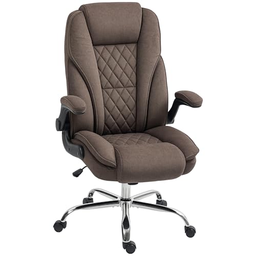 HOMCOM High Back Office Chair, Executive Desk Chair with Swivel Wheels, Flip-up Armrest, Adjustable Height, Modern Diamond Fabric Computer Chair for Home Office, Dark Brown HOMCOM