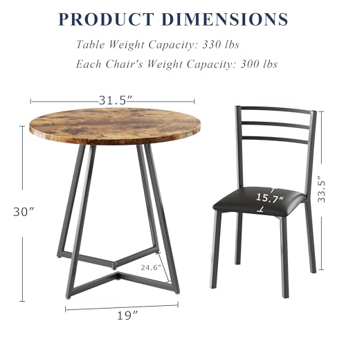 VECELO Small Round Kitchen Table with 2 Upholstered Chairs, 3-Piece Wood Dinette Sets with Steel Frame for Breakfast Nook, Dining Room, and Small Space, Brown VECELO