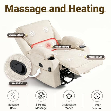 Culect 360° Swivel Rocker Recliner Multi-Functional Nursing Chair with Heating and Massage, Manual Recliner Chair with Cup Holders, Lazyboy Recliner Chair for Living Room and Bedroom, Beige Chenille Culect