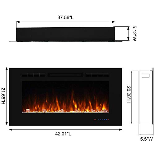 Masarflame 42" Recessed Electric Fireplace Insert, 5 Flame Settings, Log Set or Crystal Options, Temperature Control by Touch Panel & Remote, 750/ 1500W Heater, Black Masarflame