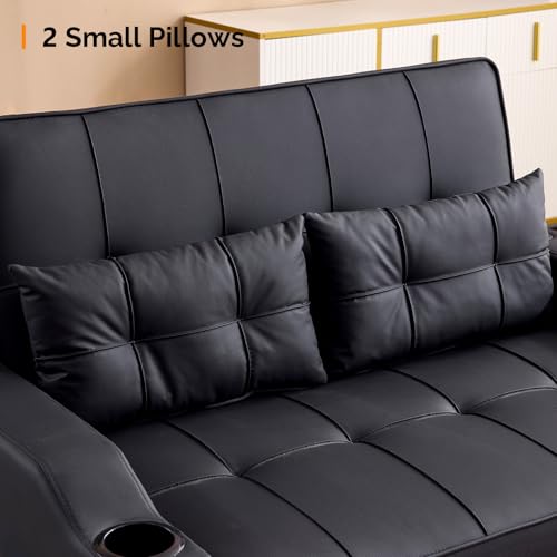 VINGLI Convertible Loveseat Sleeper, Black Faux Leather Futon Sofa Bed Pullout Couch Bed with USB Ports, Cup Holders, Armrest for Living Room, Bedroom, Home Office Apartment VINGLI