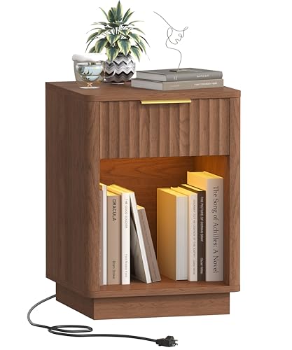 Akxomel Fluted Nightstand, Wooden Night Stand with Charging Station and LED Light, Modern Mid Century End Table with Drawer, 15" D x 15.7" W x 22.6" H, for Bedroom, Walnut Akxomel