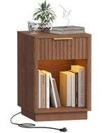 Akxomel Fluted Nightstand, Wooden Night Stand with Charging Station and LED Light, Modern Mid Century End Table with Drawer, 15" D x 15.7" W x 22.6" H, for Bedroom, Walnut Akxomel