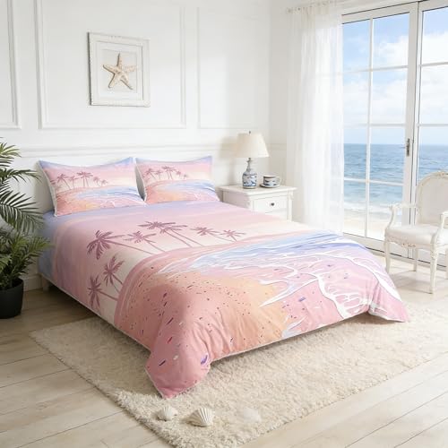 Homewish Pink Beach Duvet Cover Set Twin Size,Kids Girls Romantic Hawaii Ocean Style Bedding Set Teens Lover Room Decor,Palm Tree Comforter Cover Girly Summer Quilt Cover,1 Pillowcase,(No Comforter) Homewish