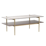 AGV LIGHTING 202206 Tadio Glass Coffee Table, Double Layer Coffee Table for Living Space, Gold Finish Frmae, Coffee Brown Glass Top & Walnut Brown Wood Top AGV LIGHTING