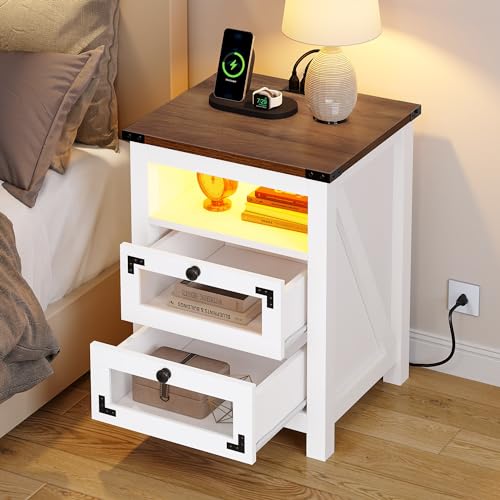 YITAHOME Farmhouse Nightstand with Charging Station, 2 Drawers Night Stand with LED Lights, Wood End Table Side Table with Storage, Nightstands Set of 2, Walnut + White