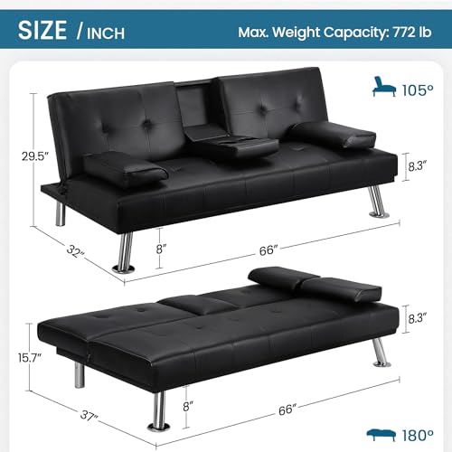 Convertible Folding Futon Sofa Bed Sleeper Couch for Living Room, Modern Faux Leather Upholstered Loveseat w/Removable Armrests, Metal Legs, 2 CupHolders, Love Seat Sofa Bed for Small Spaces (Black) anwickjeff