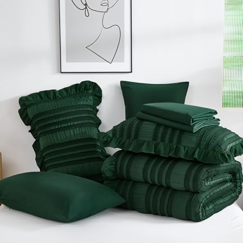 WONGS BEDDING Emerald Green Comforter Set King Size,7 Pieces Ruffle Comforter Set with Sheets,Boho Farmhouse Textured Bed in a Bag 104"×90" WONGS BEDDING