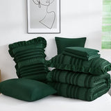 WONGS BEDDING Emerald Green Comforter Set King Size,7 Pieces Ruffle Comforter Set with Sheets,Boho Farmhouse Textured Bed in a Bag 104"×90" WONGS BEDDING