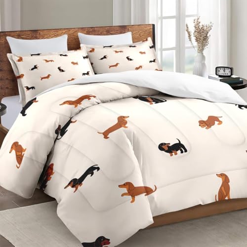 Zzzboro Comforter Set with 2 Pillowcases Queen Size, Cute Happy Dachshund Dog Puppy, Bedding Decor Cartoon Animal Pug Geometric Brown for Kids and Adults, Soft Cozy Bedroom Bed Set Zzzboro