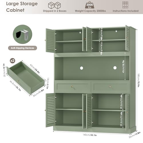 HIFIT 71" Hx55''W Large Kitchen Hutch Storage Cabinet, Farmhouse Coffee Bar Hutch with Microwave Stand, Tall Kitchen Pantry Cabinet with Louvered Doors, 2 Cable Holes, 2 Drawers, Green HIFIT