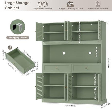 HIFIT 71" Hx55''W Large Kitchen Hutch Storage Cabinet, Farmhouse Coffee Bar Hutch with Microwave Stand, Tall Kitchen Pantry Cabinet with Louvered Doors, 2 Cable Holes, 2 Drawers, Green HIFIT