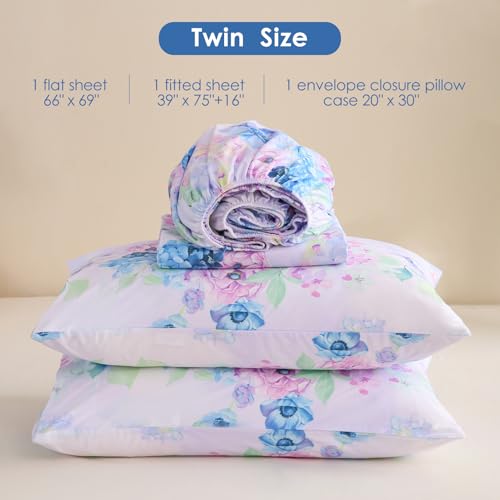 JSD Purple Hydrangea Floral Sheet Set Twin Size, 3 Piece Printed Microfiber Bed Sheets Deep Pocket JSD