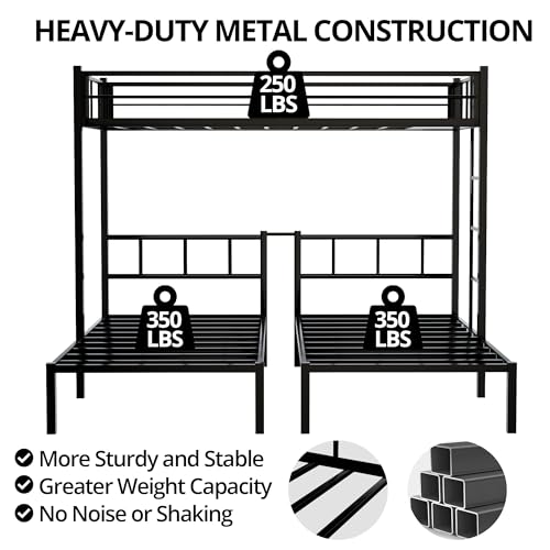 TURRIDU Metal Triple Bunk Bed for 3, Twin Over Twin Over Twin Bunk Beds with Built-in Ladders, Separates into 3 Twin Beds for Teens, Adults, No Box Spring Needed, Black TURRIDU