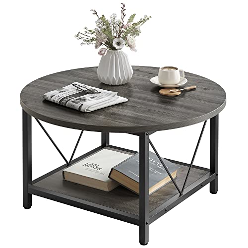 YITAHOME Round Coffee Table,Rustic Wood Coffee Tables for Living Room with Storage Shelf, Modern Farmhouse Circle Coffee Table Center with Sturdy Metal Legs Home Furniture,Grey - WoodArtSupply