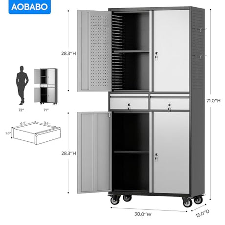 Aobabo 71" H 2 Drawer Metal Storage Cabinet with Wheels and 4 Pegboards,Lockable Steel Garage Storage Cabinet with 2 Adjustable Shelves,Black Sliver,Assembly Required Aobabo