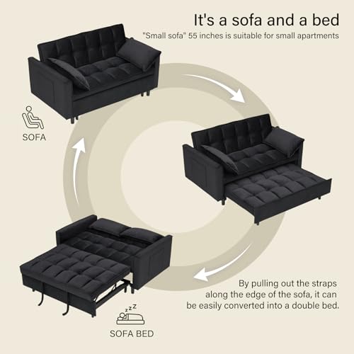 3 in 1 Convertible Sleeper Sofa Bed, Velvet Loveseat Futon Pull-Out Couch with Adjustable Reclining Backrest, Side Pockets and Pillows for Living Room, Bedroom, Apartment, Small Spaces (Black-Velvet) Ehsovlnut
