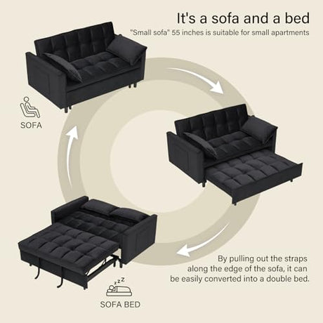 3 in 1 Convertible Sleeper Sofa Bed, Velvet Loveseat Futon Pull-Out Couch with Adjustable Reclining Backrest, Side Pockets and Pillows for Living Room, Bedroom, Apartment, Small Spaces (Black-Velvet) Ehsovlnut