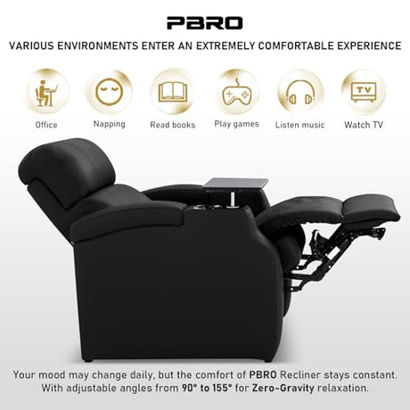 PBRO Home Theater Seating Top Grain Leather, Zero Gravity Recliner Chair Movie Theater Chairs Electric Sofa with Power Reclining USB Charge Ambient Lighting Black Single Seats for Living Room PBRO