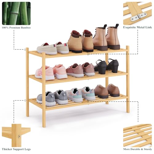 Smiry Bamboo Shoe Rack 3-Tier, Stackable Wooden Shoe Organizer for Entryway & Closet, Free Standing Wood Shoe Storage Shelf for Front Door & Small Spaces, Natural Smiry
