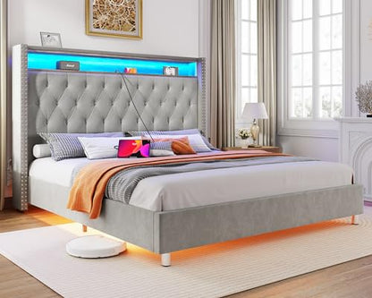 Jocisland Gray Velvet Queen Bed Frame with LED Lights & Charging Station - WoodArtSupply