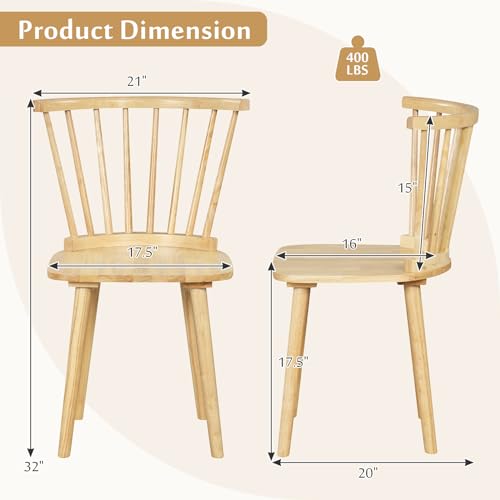 GOFLAME Windsor Dining Chairs Set of 4, Solid Wood Kitchen Chairs with Ergonomic Spindle Back, 400 LBS Weight Capacity, Farmhouse Armless Side Chairs for Dining Room, Living Room, Natural - WoodArtSupply