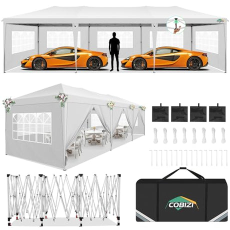COBIZI 10x30 Pop up Canopy Tent for Parties with 8 Removable Sidewalls, Waterproof UPF 50+ Commercial Event Tent, Protable Outdoor Canopy with 4 Sandbags for Wedding, Backyard(10x30FT, White) COBIZI