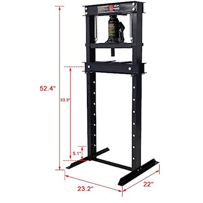 PULLAFUN 12-Ton Hydraulic Shop Press with Press Plates, H-Frame Garage Press with Adjustable Table, Black - WoodArtSupply