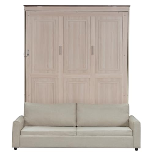 SOFTSEA Queen Size Murphy Bed with Sofa, Hidden Wall Bed Cabinet with LED Lights, Space-Saving Foldable Murphy Bed Frame for Guest Room Bedroom Home Office, Beige SOFTSEA