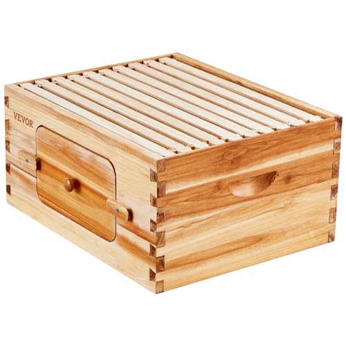 VEVOR Bee Hive Deep Box Starter Kit, 100% Beeswax Coated Natural Cedar Wood, Langstroth Beehive Kit with 10 Frames and Foundations, Transparent Acrylic Bee Windows for Beginners and Pro Beekeepers VEVOR