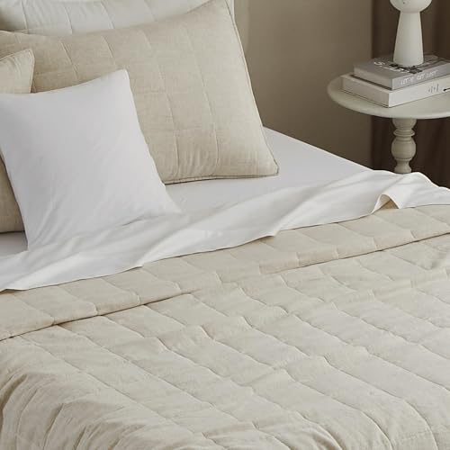Powdion French Linen Quilt King, Pre-Washed Linen Front and Cotton Back European Comforter, Lightweight Breathable Cotton Quilt King Size for All Season, 3 Pcs Box Stitch Beige King Quilt Powdion