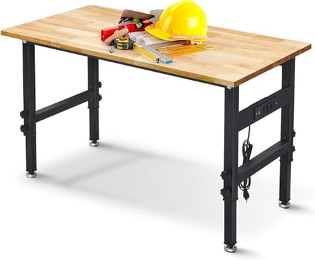 48" Workbench Desk with Power Outlets, Adjustable Height Rubber Wood Top Heavy-Duty Work Table, 2000 LBS Load Capacity Work Station for Garage, Workshop, Office, Home QYDS US