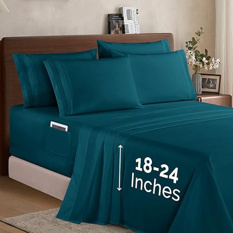 Elegant Comfort 1500 Premium Quality 4-Piece Bed Sheet Set - 18-24 Inch Extra Deep Pocket, Smart Storage Pockets, Wrinkle Free Ultra Soft 4PC Extra Deep Pocket Sheets, Twin/Twin XL, Marine Teal Elegant Comfort
