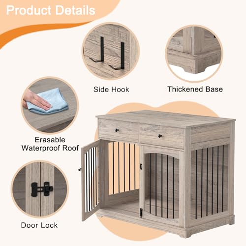 BREEZEHEAT 40 inch Dog Crate Furniture-Farmhouse Dog Kennel with Drawers-End Table Wooden Pet Crate, Double Door Design, Decorative Dog House Indoor for Small Medium Large Dog, Oak Grey BREEZEHEAT