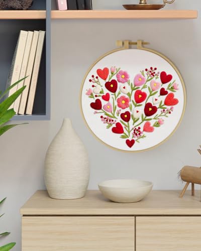 ERKOON Embroidery Kit for Beginners Adult, Flower Cross Stitch Set Include Embroidery Cloth Hoops Threads for Craft Lover Hand Stitch with Embroidery Skill Techniques (Heart) ERKOON