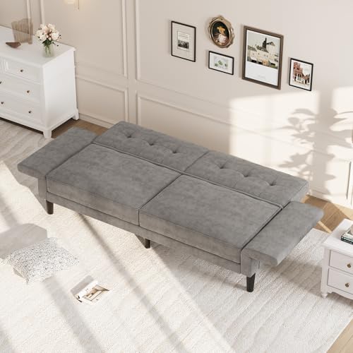 IDEALHOUSE 89" Futon Sofa Bed, Modern Chenille Sleeper Couch with Adjustable Backrest & Armrest, Convertible Futon Couch for Living Room Bedroom Apartments, Silver Gray IDEALHOUSE