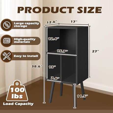 Record Player Stand with Vinyl Storage, 3 Tier Wooden Vinyl Record Stand, Record Player Cabinet, Record Player Stand with Storage, Record Player Shelf for Bedroom, Office, Black Montex