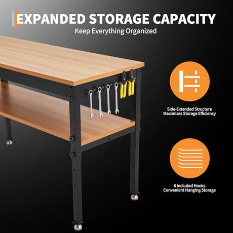 48" Work Bench, Adjustable Height Workbench with Storage Shelf, 48" x 24" Work Benches for Garage, 2500 LBS Tool Bench with Power Outlet for Workshop & Home EliteEdge