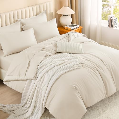 Litanika California King Comforter Set Beige - 7 Pieces Bed in a Bag Cal King Bedding Comforter Sets, Plain Lightweight Bed Set with Comforter, Sheets, Pillowcases & Shams Litanika