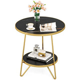 Tribesigns Faux Marble End Table, 2 Tier Round Side Table with Shelves, Modern Black Nightstand Bedside Table Small Coffee Accent Table for Living Room Bedroom, Black and Gold Tribesigns