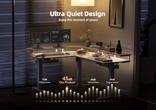 Claiks 63" L Shaped Standing Desk with Drawers and LED Lights, Height Adjustable Electric Corner Standing Desk with Monitor Stand & Power Outlet, 4 Memory Preset, Nature Claiks