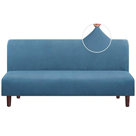 PrinceDeco Stretch Armless Futon Cover - Full Queen Size Sofa Slipcover - Furniture Protector With Elastic Bottom, Checked Pattern Jacquard, Dusty Blue PrinceDeco