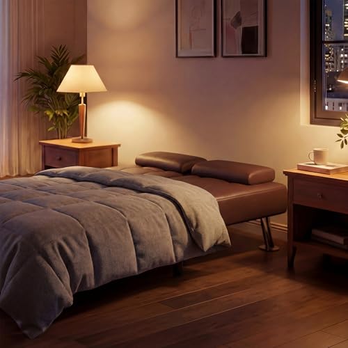 YESHOMY Modern Futon Sofa Bed, Convertible Futon Couch with Adjustable Backrest, Futon Loveseat Sleeper Sofa Bed with Armrest for Living Room, Small Spaces,PU Leather, Brown YESHOMY