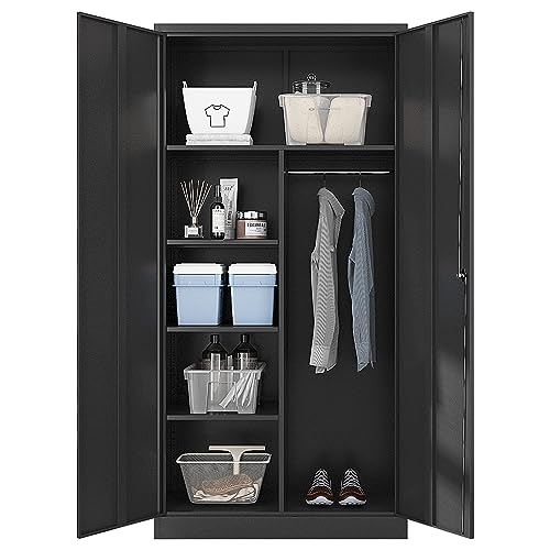 Yizosh Metal Armoire Wardrobe Closet Cabinet for Hanging Clothes with Lock Doors, -72" Steel Lockable Wardrobe Storage Locker Clothes Organizer for