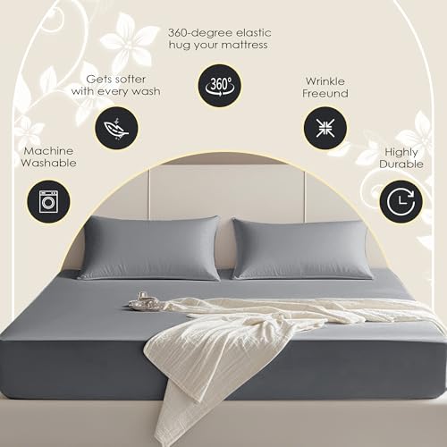 FreshCulture Full Fitted Sheet Only – Premium Hotel-Quality Fitted Sheet for Full Bed – Ultra Soft & Breathable Brushed Microfiber – Elegant Black Box Packaging (Dark Grey) FreshCulture