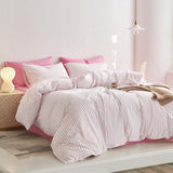 Wake In Cloud - Striped Cotton Duvet Cover Set, Ticking Stripe Vertical Pinstripe Farmhouse, 100% Washed Cotton Textured Percale Bedding Set, 3 Pieces, Pink White, Full Size Wake In Cloud