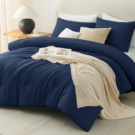 CozyLux Navy Blue Full Size Comforter Set, 3 Pieces Solid Breathable Quilted Style Bedding Sets, Luxury Fluffy Soft Bed Set with Down Alternative Comforter for All Season (1 Comforter & 2 Pillowcases) CozyLux