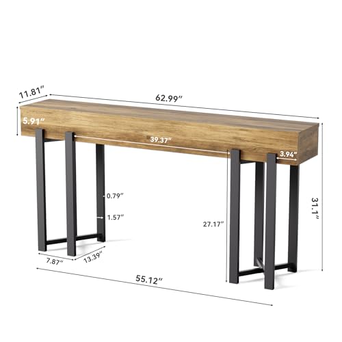 LITTLE TREE 63-Inch Console Table for Entryway, Industrial Behind Couch Table, Minimalist Sofa Table for Living Room, Rustic Brown Wooden Hallway Foyer Table with Black Metal Frame LITTLE TREE